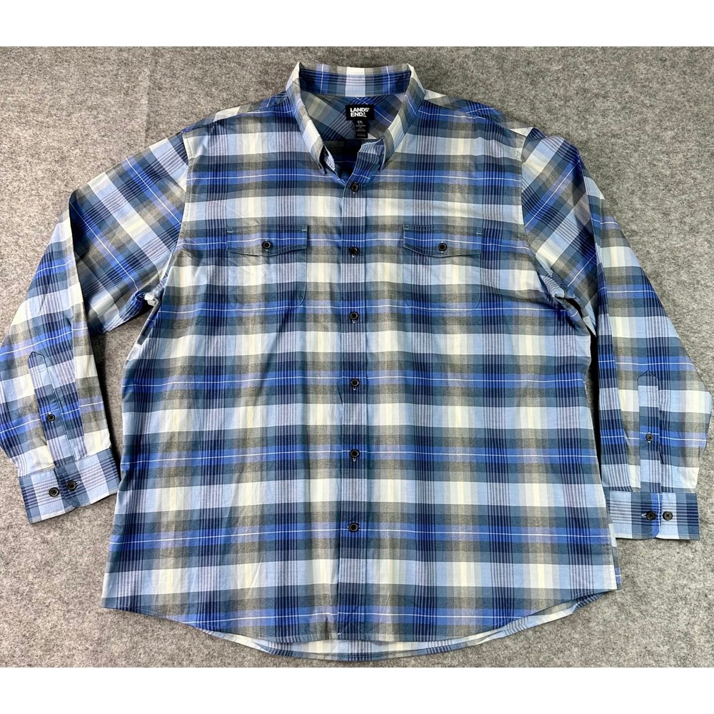 Lands End Men's Blue & White Plaid Casual L/S Cotton Blend Shirt XXL (16028) NEW